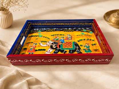 Blue Royal Elephant Hand-Painted Wooden Tray Set of 2