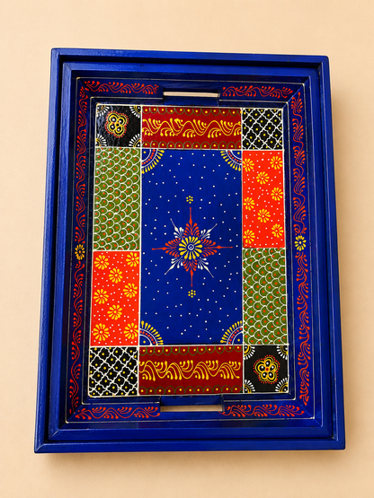 Blue Patchwork Hand-Painted Wooden Tray Set of 2