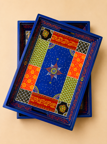 Blue Patchwork Hand-Painted Wooden Tray Set of 2