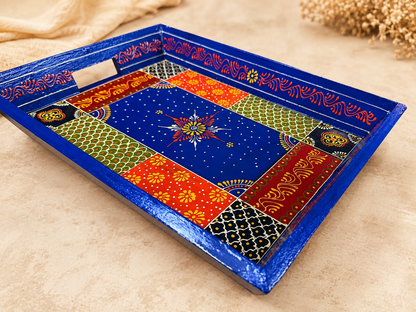 Blue Patchwork Hand-Painted Wooden Tray Set of 2