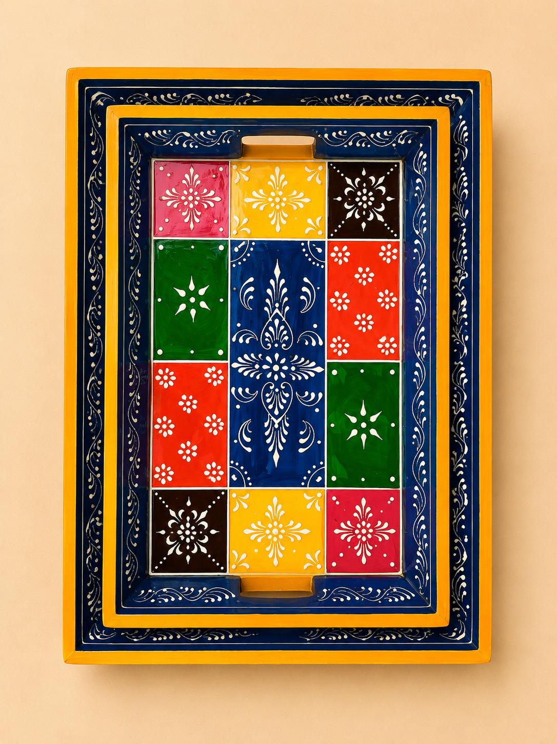 Multicolor Patchwork Hand-Painted Wooden Tray Set of 2