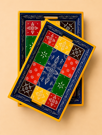 Multicolor Patchwork Hand-Painted Wooden Tray Set of 2