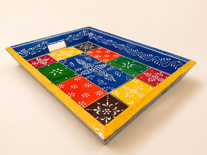 Multicolor Patchwork Hand-Painted Wooden Tray Set of 2