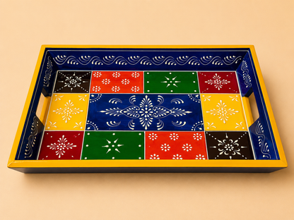 Multicolor Patchwork Hand-Painted Wooden Tray Set of 2