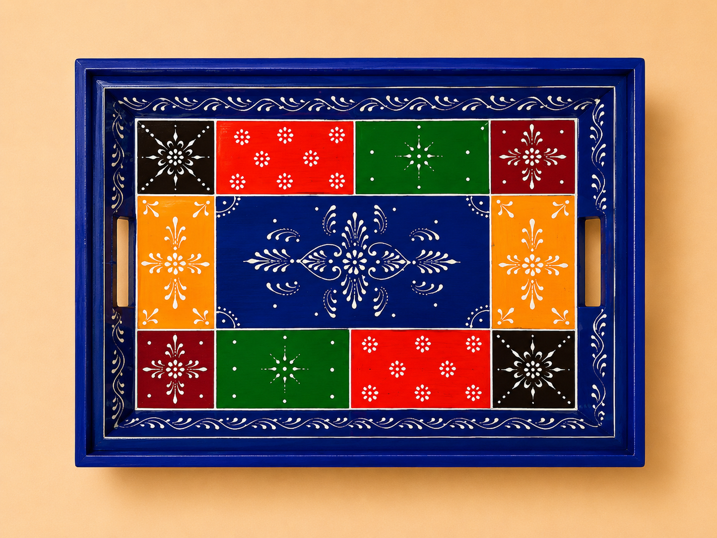 Multicolor Patchwork Hand-Painted Wooden Tray Set of 2