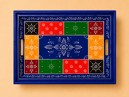 Multicolor Patchwork Hand-Painted Wooden Tray Set of 2