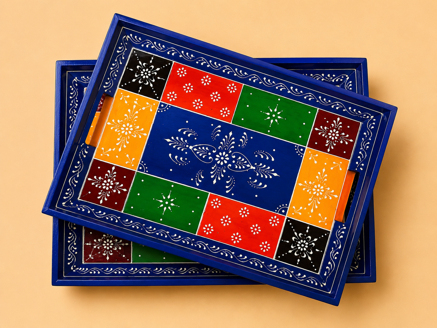 Multicolor Patchwork Hand-Painted Wooden Tray Set of 2