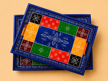 Multicolor Patchwork Hand-Painted Wooden Tray Set of 2