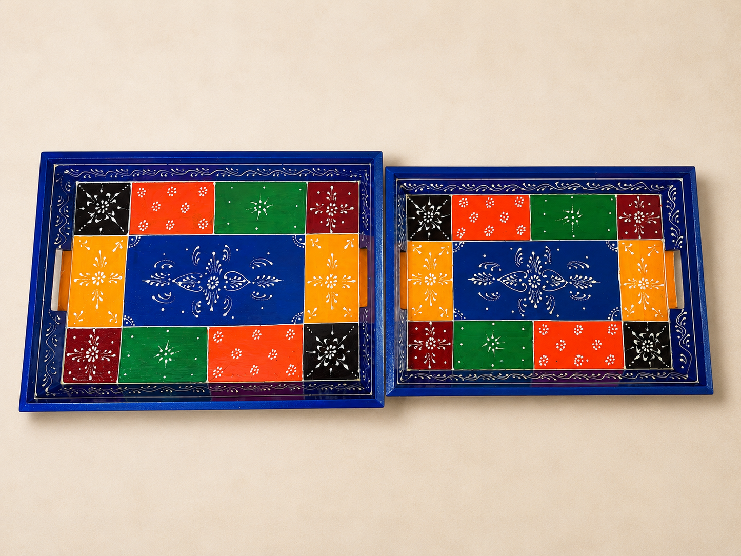 Multicolor Patchwork Hand-Painted Wooden Tray Set of 2