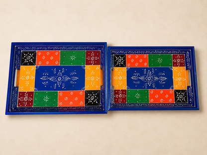 Multicolor Patchwork Hand-Painted Wooden Tray Set of 2