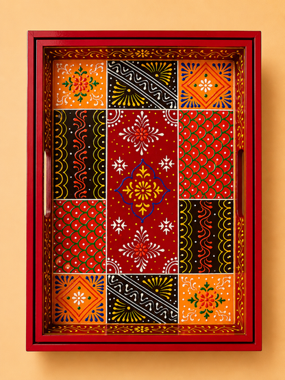 Red Patchwork Hand-Painted Wooden Tray Set of 2