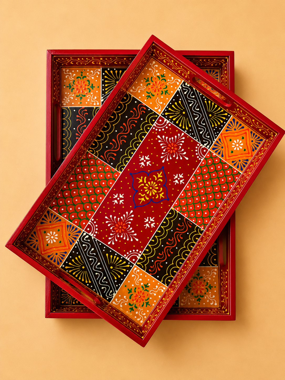 Red Patchwork Hand-Painted Wooden Tray Set of 2