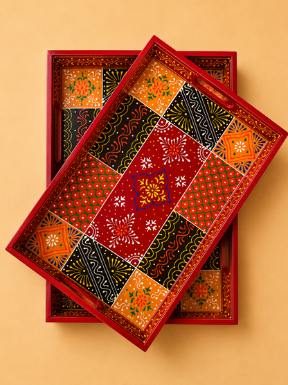 Red Patchwork Hand-Painted Wooden Tray Set of 2