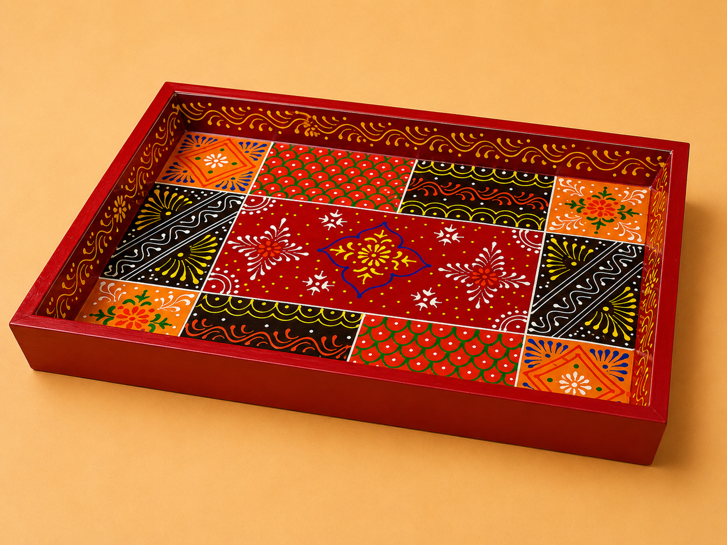 Red Patchwork Hand-Painted Wooden Tray Set of 2