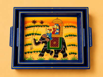 Royal Elephant Hand-Painted Wooden Tray Set of 2