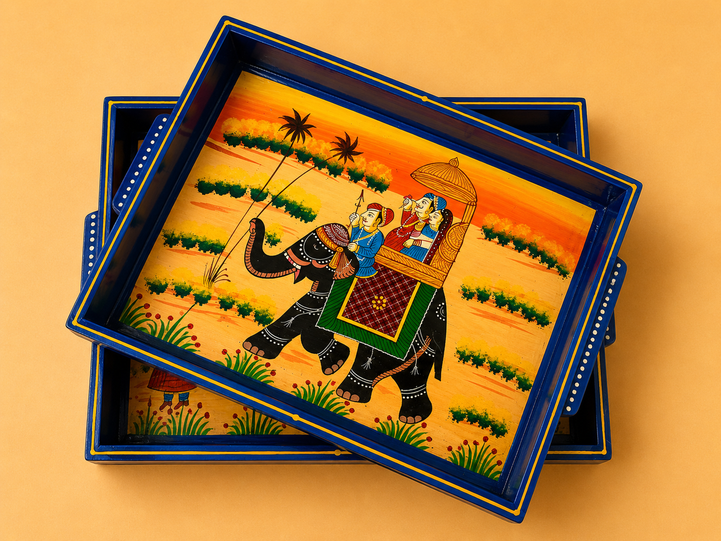 Royal Elephant Hand-Painted Wooden Tray Set of 2