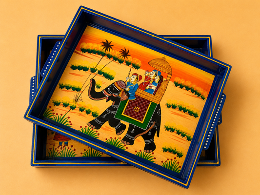 Royal Elephant Hand-Painted Wooden Tray Set of 2