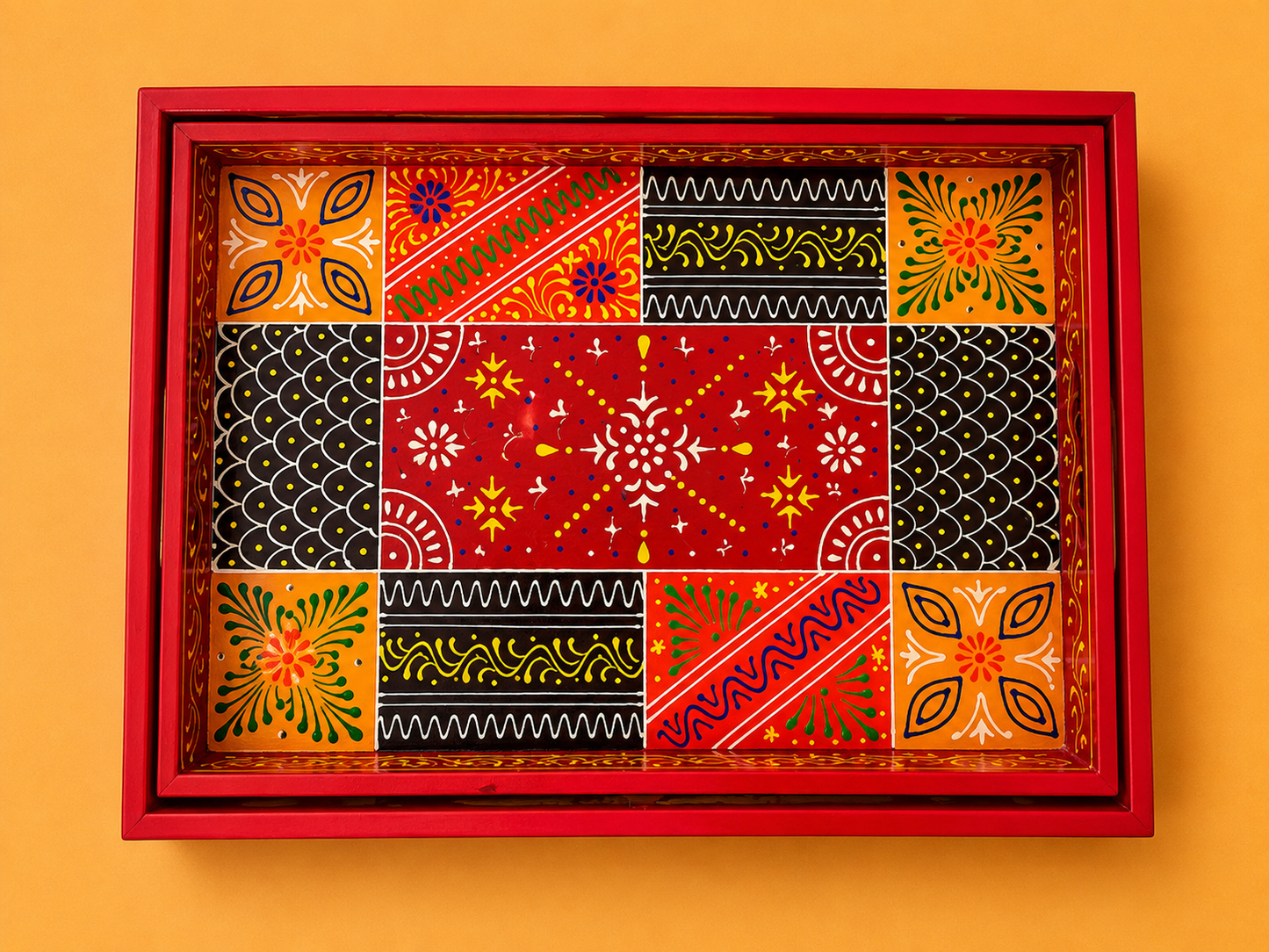 Red Geometric Folk Art Hand-Painted Wooden Tray Set of 2