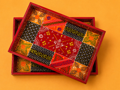 Red Geometric Folk Art Hand-Painted Wooden Tray Set of 2