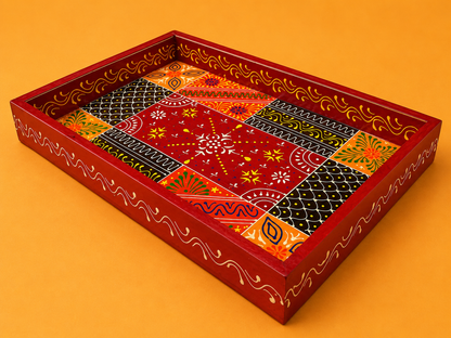 Red Geometric Folk Art Hand-Painted Wooden Tray Set of 2