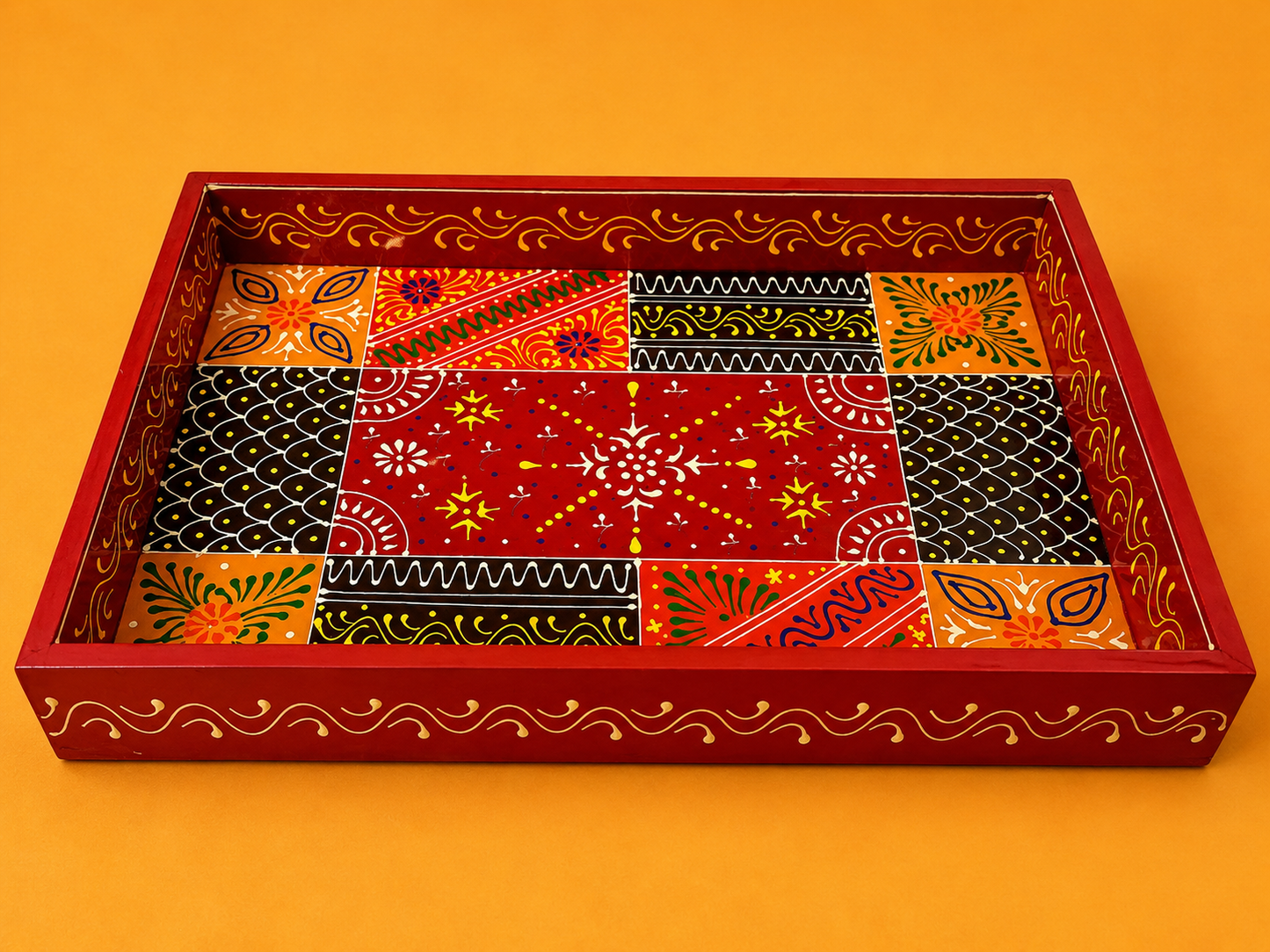 Red Geometric Folk Art Hand-Painted Wooden Tray Set of 2