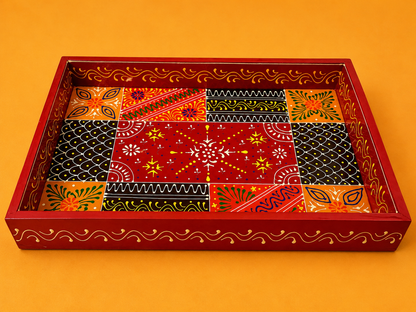 Red Geometric Folk Art Hand-Painted Wooden Tray Set of 2