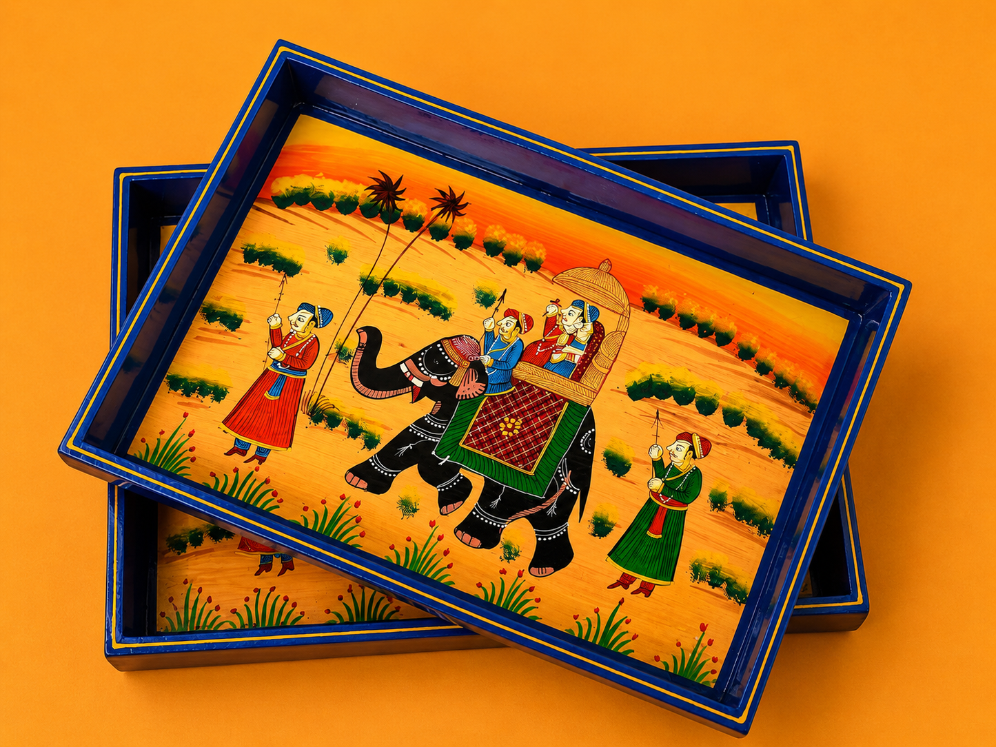 Royal Elephant Hand-Painted Wooden Tray Set of 2