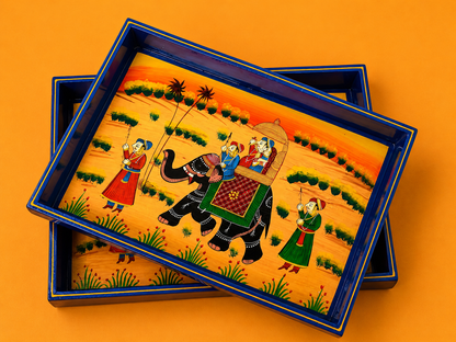 Royal Elephant Hand-Painted Wooden Tray Set of 2