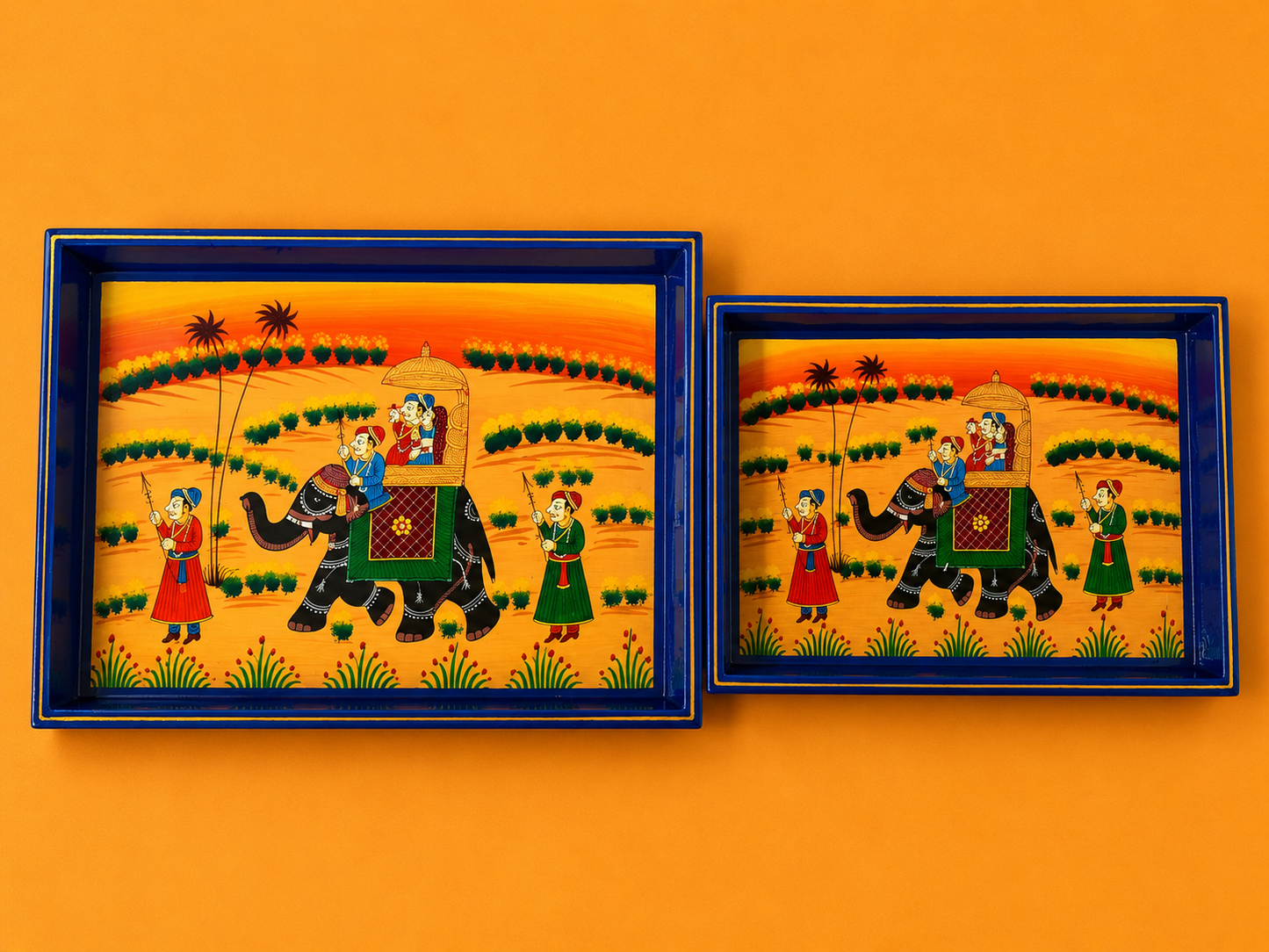 Royal Elephant Hand-Painted Wooden Tray Set of 2