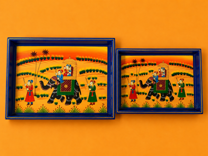 Royal Elephant Hand-Painted Wooden Tray Set of 2